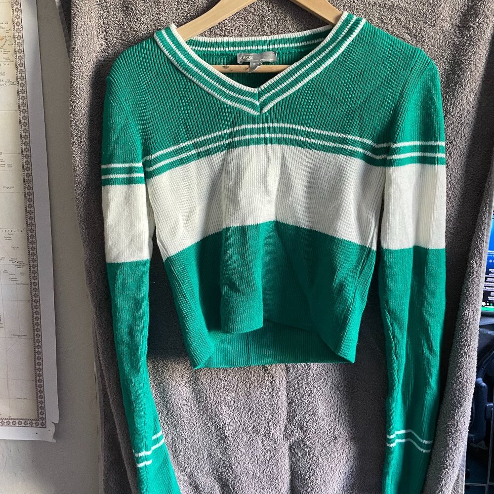 ASOS Green Striped Cropped V-Neck Sweater | Size Small | Acrylic Knit